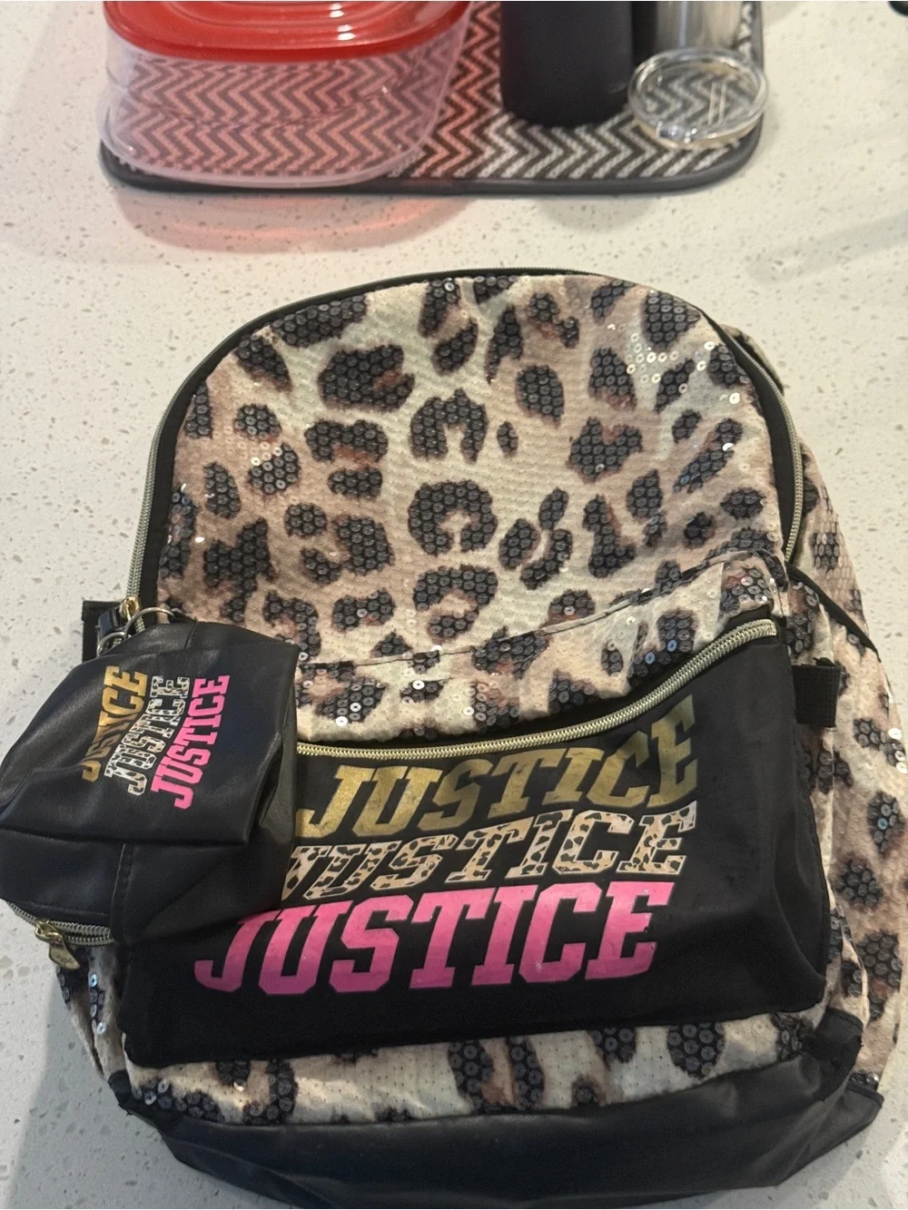 Justice Leopard Sequin Backpack with Pink & Gold Logo